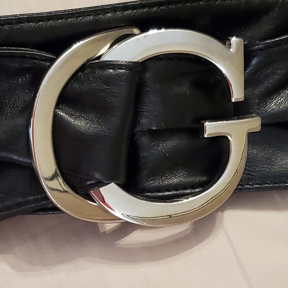 Soft Black Vegan Leather Sash Belt, Double Ring/Letter G Buckle, Medium, EUC